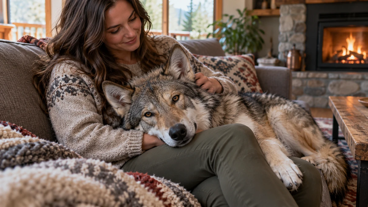 Wolfdog köpek — sahibinin kucağında