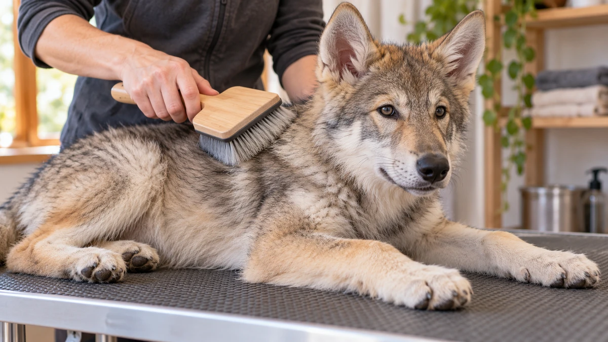 Wolfdog yavru köpek — tüy bakımı ve fırçalama